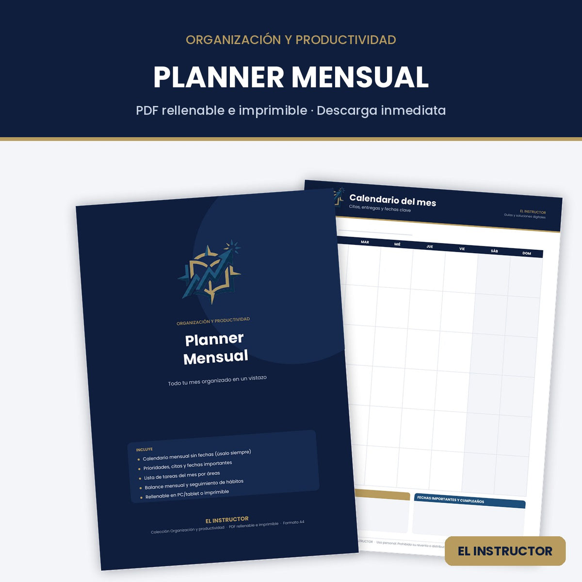 Planner Mensual – Plantilla PDF Rellenable